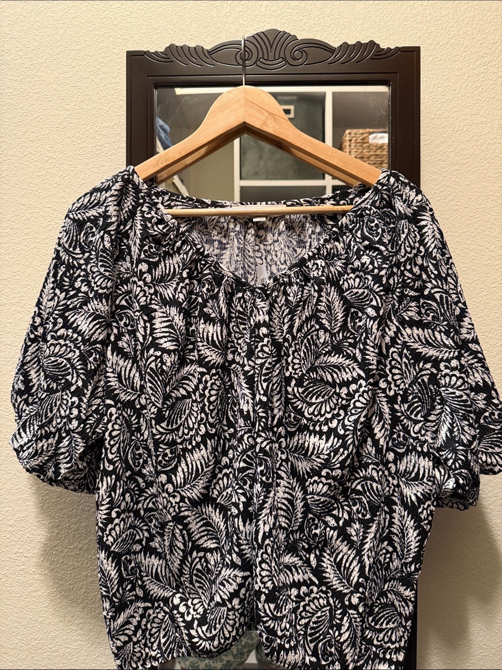 LOFT Black and White Leaf-Print Peasant Blouse